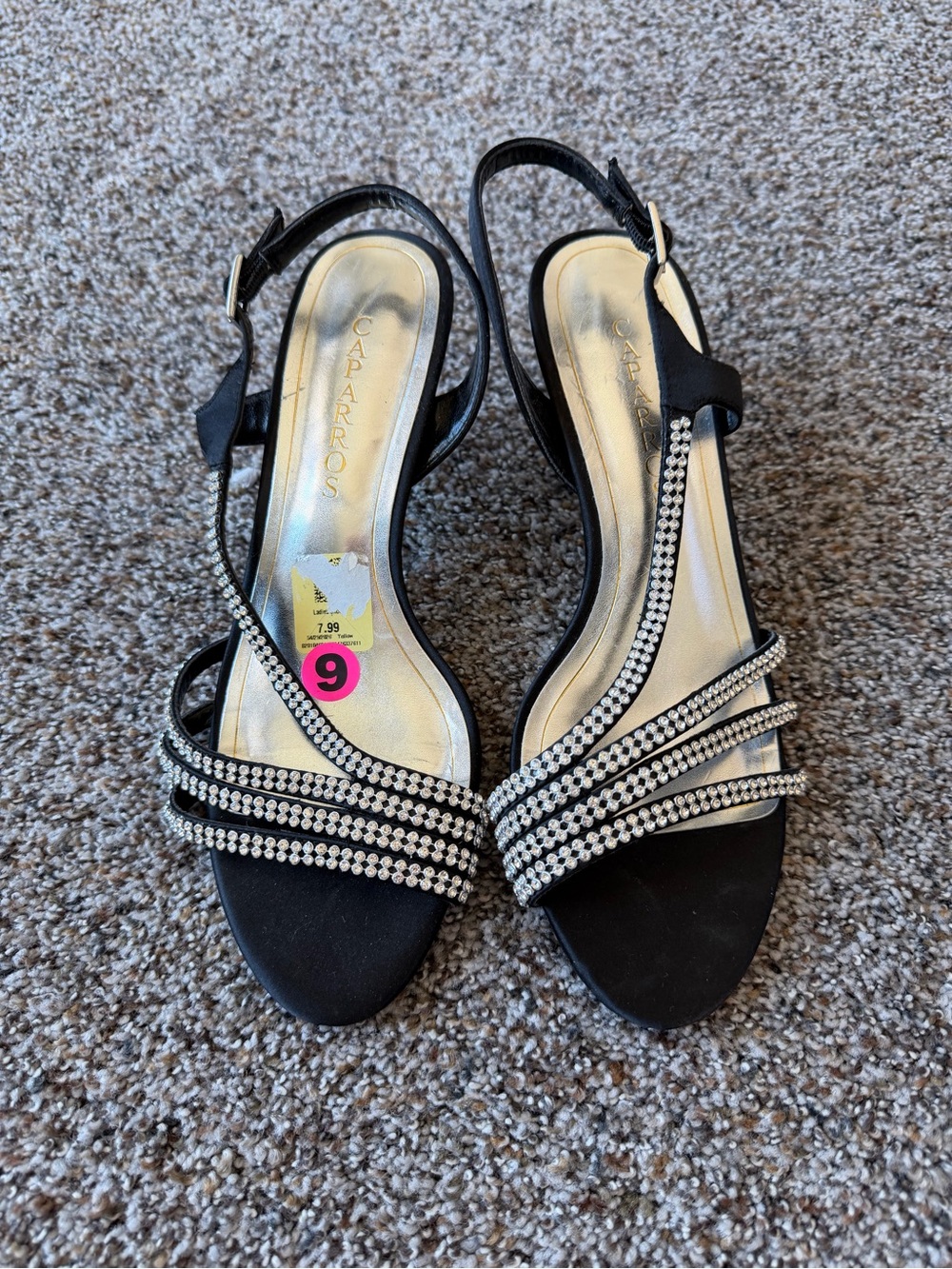Vintage Y2K Caparros Black Rhinestone Strappy Slingback Heels Size 9B